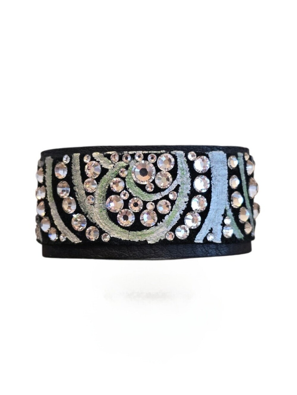 Caroline Rocha Handcrafted Black Leather Swarovski Crystal Snap Bracelet